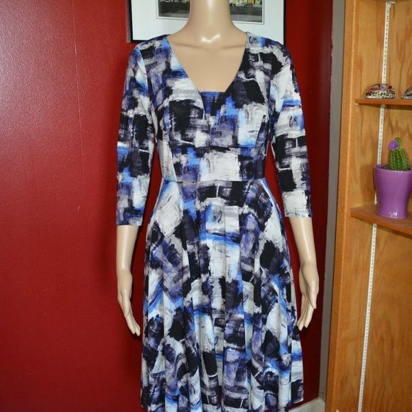 “Simply Vera Vera Wang Abstract Print Midi Dress XS 3/4 Sleeve A-Line Scoop Neck - Picture 4 of 13